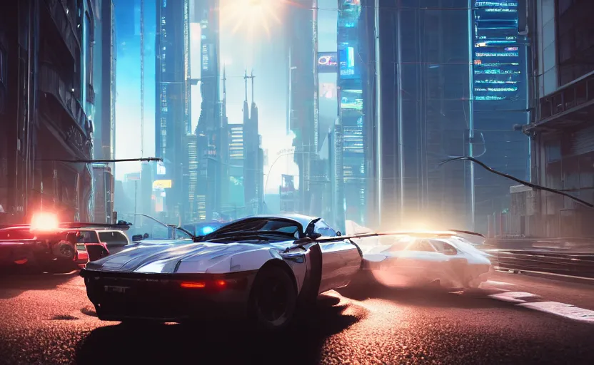 Prompt: photorealistic Hovering Cars on cyberpunk roads. daylight. sunlight. lens flare. light fixtures. 8K. detailed. photorealism. artstation. 25mm f/1.7 ASPH Lens. ultra realistic