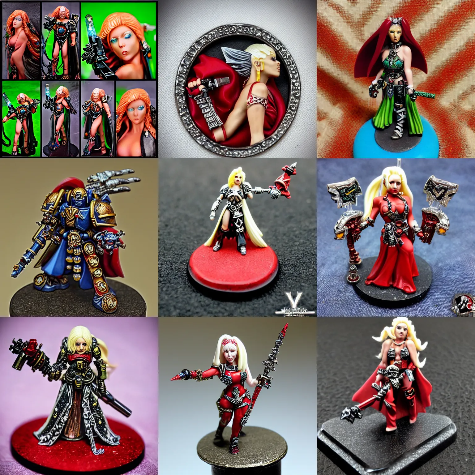 Prompt: photo of a resin miniature, warhammer 4 0 k, d & d, 2 8 mm heroic scale, christina aguilera come on over baby ( all i want is you ), platinum blonde with red streaks, white handkerchief halter top and whtie bell bottoms, swarovski crystal flourish appliques. macro photography, dslr. citadel colour painted minis.