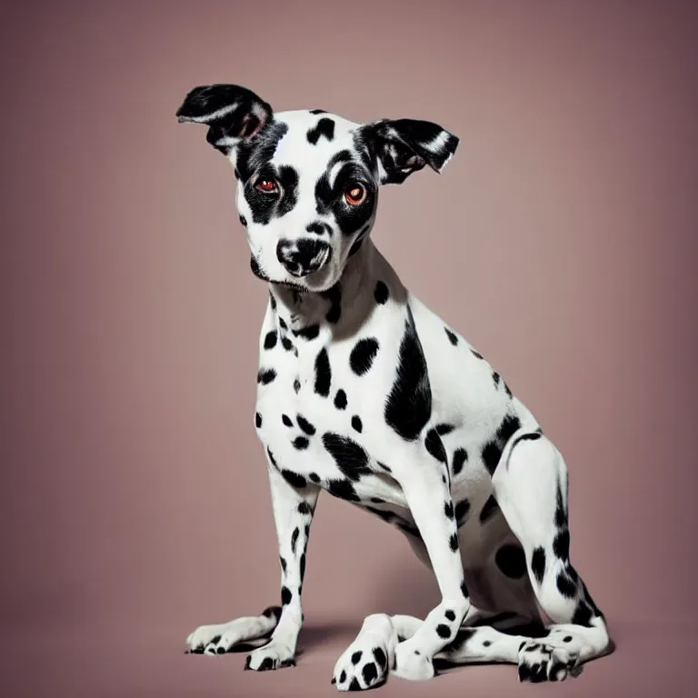 Image similar to vogue photoshoot octane render portrait of 1 0 1 dalmatian with white background, focus bright colorful pastel exotic vintage boutique hotel lounge, very short depth of field, bokeh