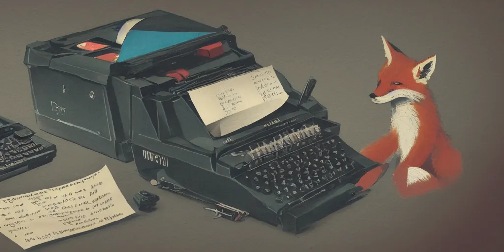 Image similar to fox using an olivetti to write a script but he ’ s not sure about it so far, character sheet, colorful, contrast, 3 d scene, greg rutkowski, zabrocki, karlkka, jayison devadas, trending on artstation, 8 k, ultra wide angle, zenith view, pincushion lens effect