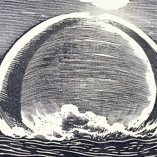 Image similar to woodcut of a spaceship landing in the middle of the ocean, kathe kollwitz