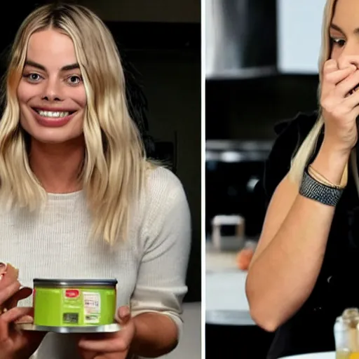 Image similar to margot robbie eating beans from a can