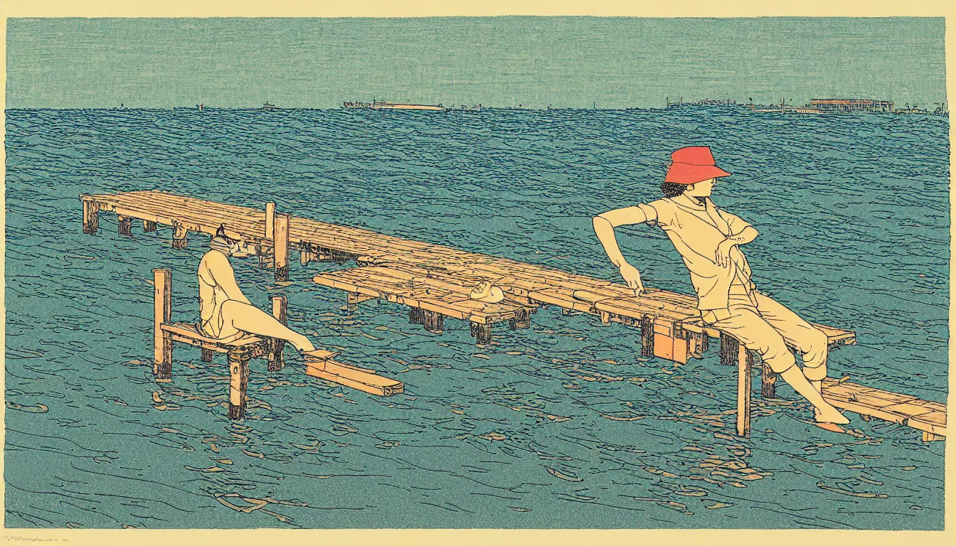 Image similar to sitting at the end of the dock by woodblock print, moebius