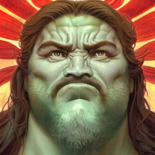 Image similar to hulking herculean ogre jesus christ, masterpiece, intricate, elegant, highly detailed, digital painting, artstation, concept art, smooth, sharp focus, illustration, art by artgerm and greg rutkowski and alphonse mucha and uang guangjian and gil elvgren and sachin teng, symmetry!!