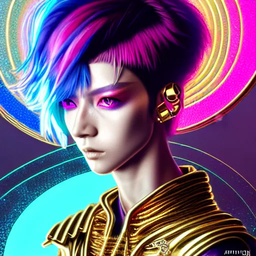 Image similar to hyperdetailed portrait of a stunningly beautiful cyberpunk girlfriend androgynous wizard made of iridescent metals and shiny pink gems, bright rainbow nimbus, gold necklace, gold background inspired by ross tran and masamune shirow and kuvshinov, intricate, photorealistic, octane render, rtx, hdr, unreal engine, dnd digital art by artgerm