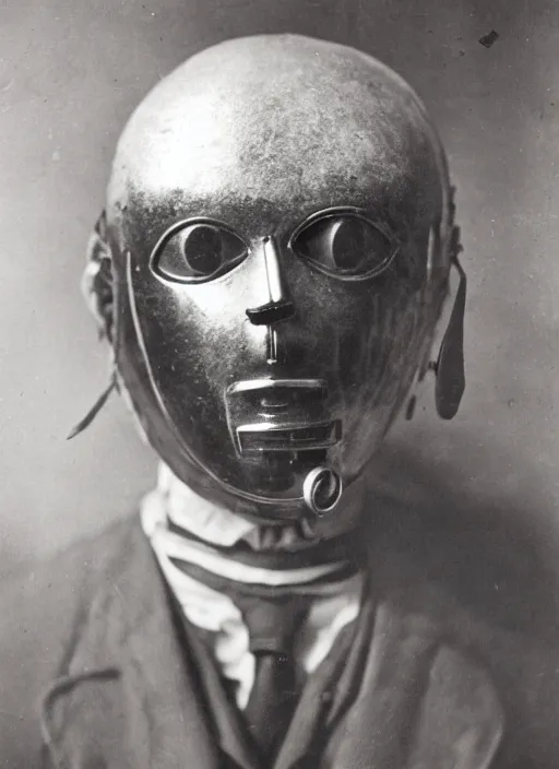 Image similar to photo portrait of 19 century male wearing brutal shiny metal face mask with fine detail engravings and runes cultist lord rich baron by Diane Arbus and Louis Daguerre