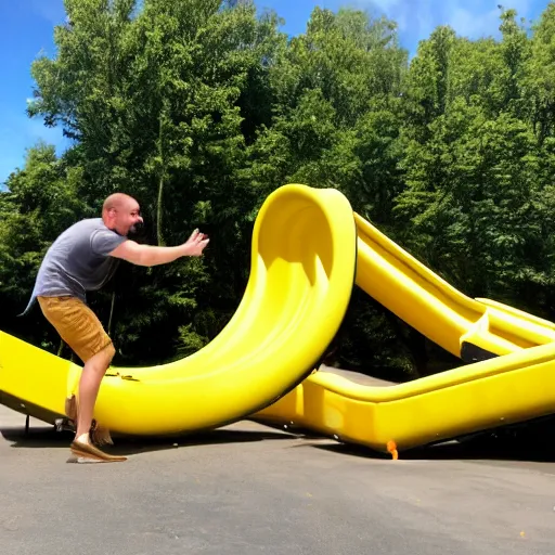 Image similar to boss ross screaming on a giant yellow slide