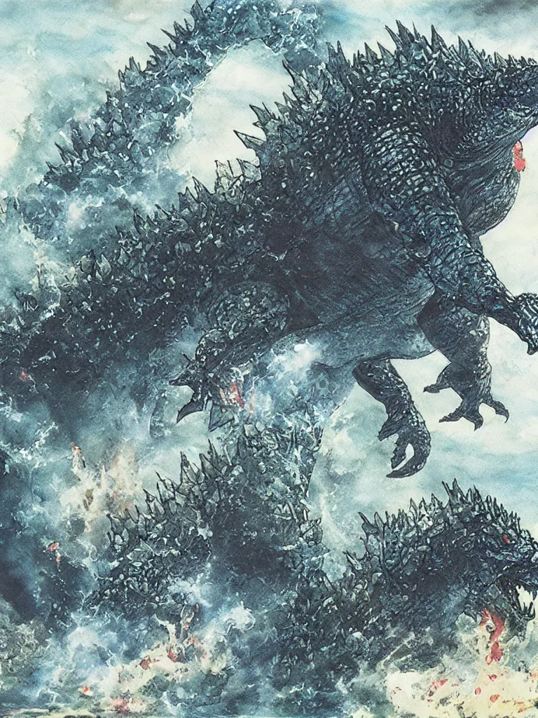 Image similar to Godzilla emerging from the sea to destroy a city as illustrated by Yoshitaka Amano. 1991. Watercolor and Acrylic on Paper