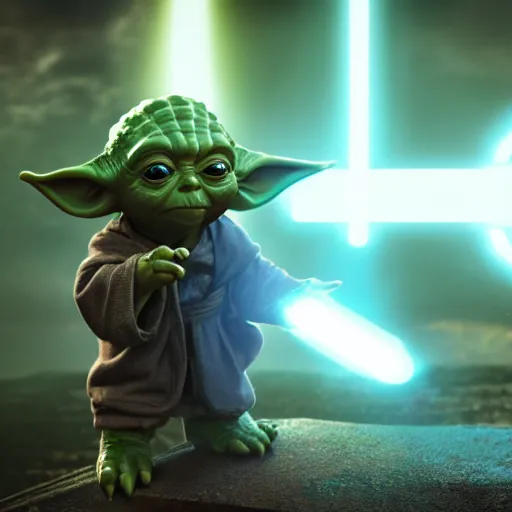 Image similar to yoda as superman, splash art, movie still, cinematic lighting, dramatic, octane render, long lens, shallow depth of field, bokeh, anamorphic lens flare, 8 k, hyper detailed, 3 5 mm film grain