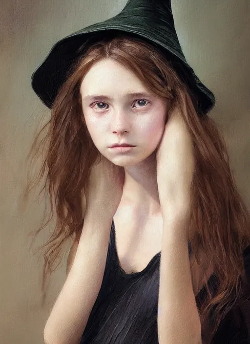 Image similar to a portrait of a thirteen year old girl with brown hair and a stern expression. she is wearing a green dress and a black pointed witch hat. beautiful painting with highly detailed face by greg rutkowski and raymond swanland