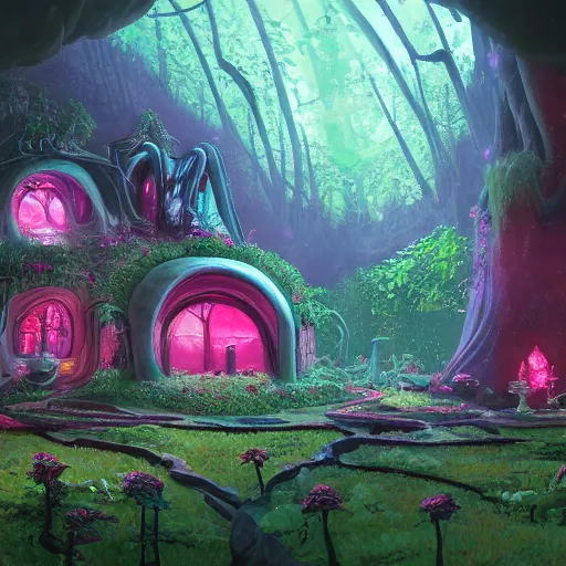 Image similar to concept art painting of a interior of a fungal cozy alien fantasy fairytale house, with black vines and magenta plants, realistic, detailed, cel shaded, dark, in the style of makoto shinkai and greg rutkowski and james gurney