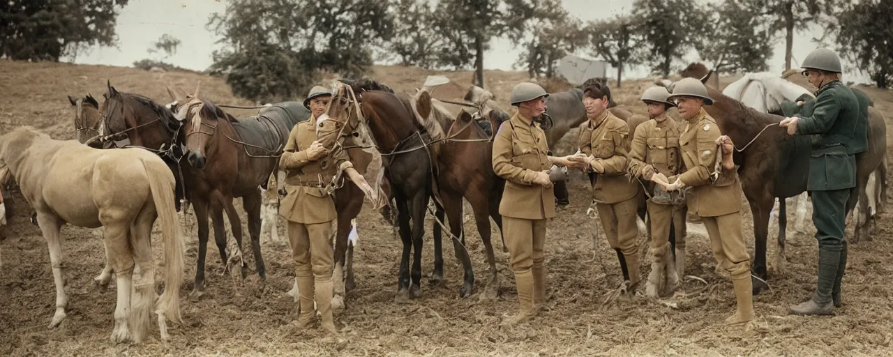 Image similar to soldiers feeding horses spaghetti, world war 1, canon 5 0 mm, kodachrome, in the style of wes anderson, retro