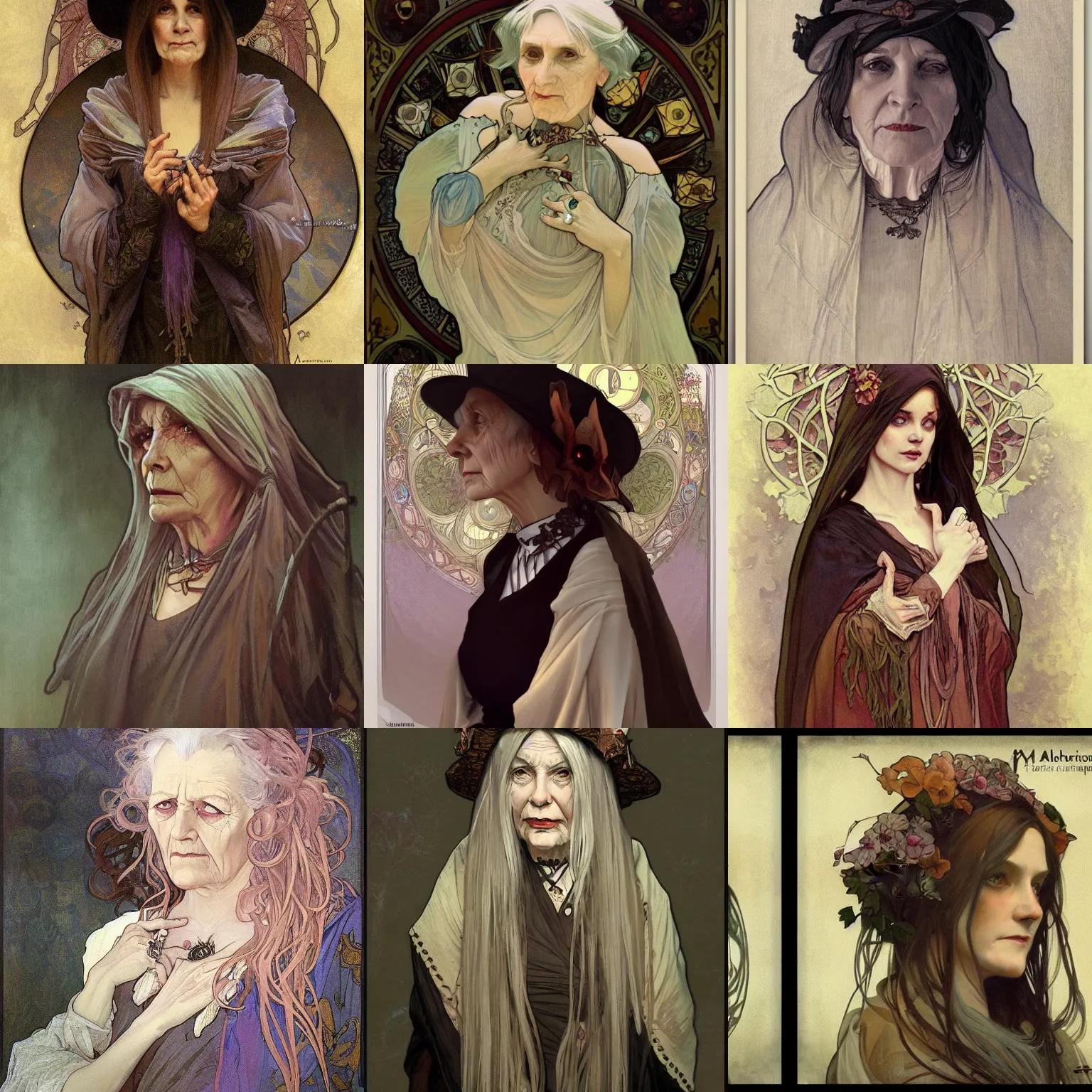 Prompt: detailing character concept portrait painting of gloomy old witch, high fantasy, mythic , old woman, art station, trending, editor’s pickup, by Alphonse Mucha