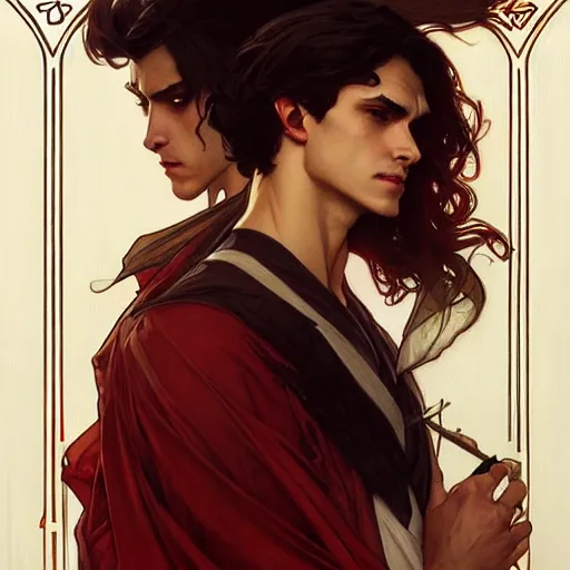 Image similar to attractive twenty first century male vampires beautiful eyes. highly detailed painting by artgerm and greg rutkowski and alphonse mucha 8 k