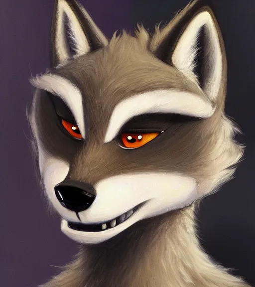 Image similar to oil painting of anthromorphic furry female wolf, in style of zootopia, female fursona, furry, furaffinity, 4 k, deviantart, furry art, fursona art, wearing black business suit, business suit, wolf fursona, expressive feminine face, female,