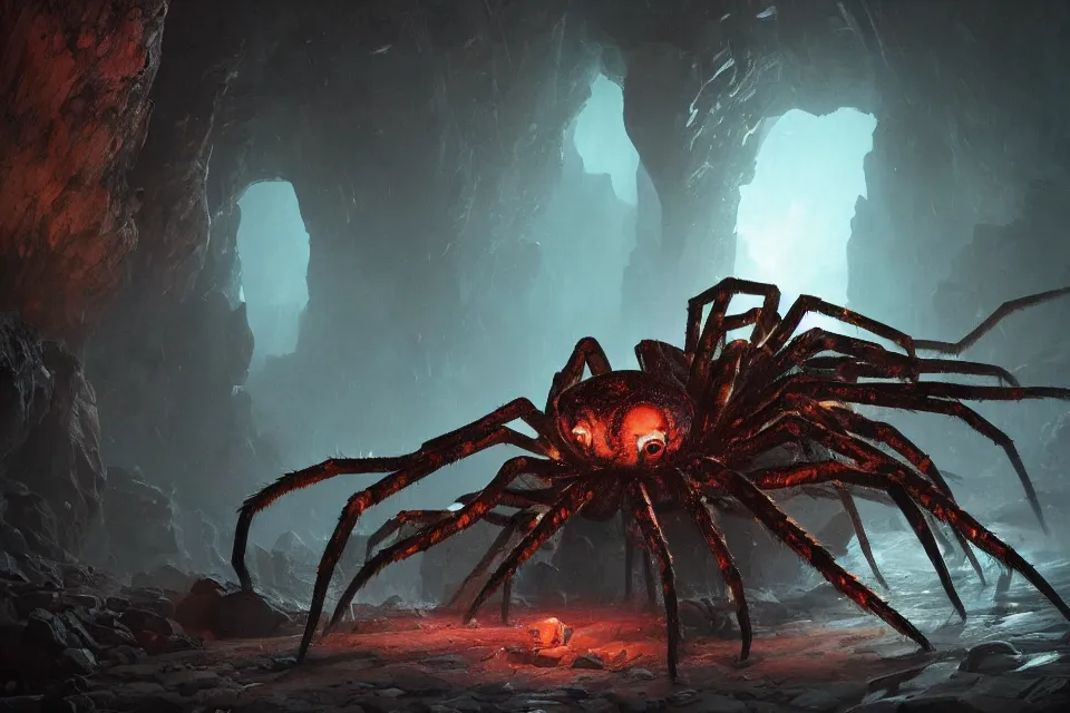 Prompt: giant spider monster deep underground, glowing rocks in an ominous cave, eldritch horror, character art by Greg Rutkowski, 4k digital render