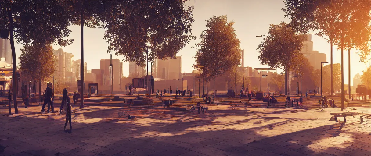 Image similar to modern city center public park, modern landscape architectural design for industrialpunk, gorgeous lighting, golden hour, cyberpunk, 2077, dramatic lighting and composition, high detail digital art 5, 8k