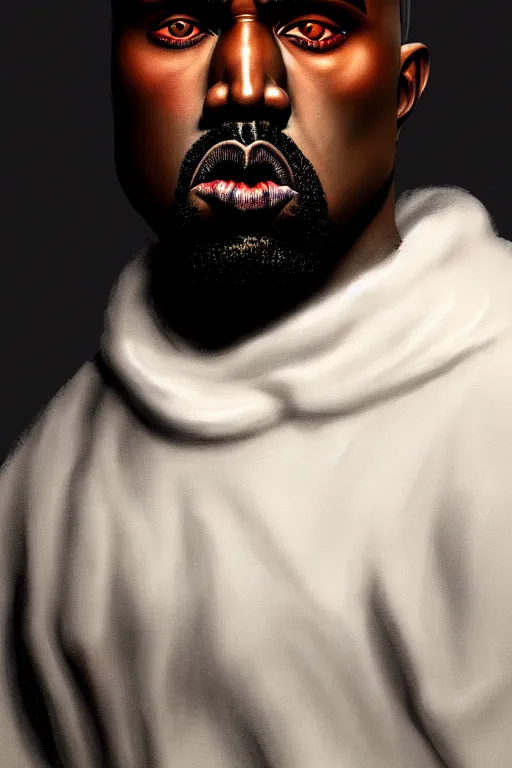 Image similar to a demonic horrific portrait of kanye west, white eyes, bored, illustration, soft lighting, soft details, painting oil on canvas by edmund blair leighton and charlie bowater octane render, hdr, trending on artstation, 4 k, 8 k, hd