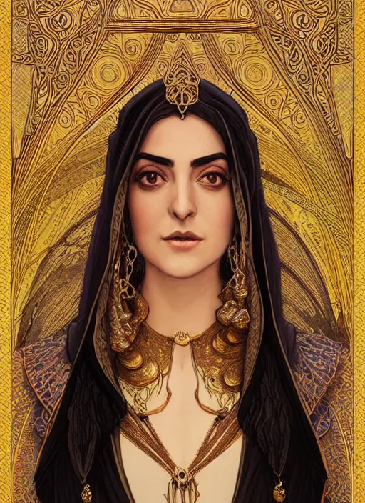 Image similar to centered portrait, Maya Ali as a D&D sorcerer, black hair, intricate robes, Art Nouveau, beautiful retro Fantasy heroine 1985, intricate, elegant, highly detailed, centered, digital painting, trending on artstation, concept art, smooth, sharp focus, illustration, art by raphael lacoste, eddie mendoza, Mucha, alex ross, WLOP