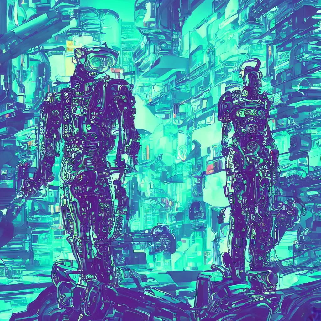 Image similar to Cyberpunk cyborg in a futuristic space suit coming out of a enlightened ocean full vaporwave colors