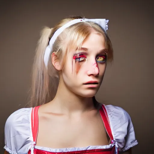 Image similar to portrait of a beautiful psychotic blonde 18 year old stoner wearing a full maid outfit staring intently at the viewer from up close to her face. ultra clear 16K and 8K HD image with amazing detail and shadowing.