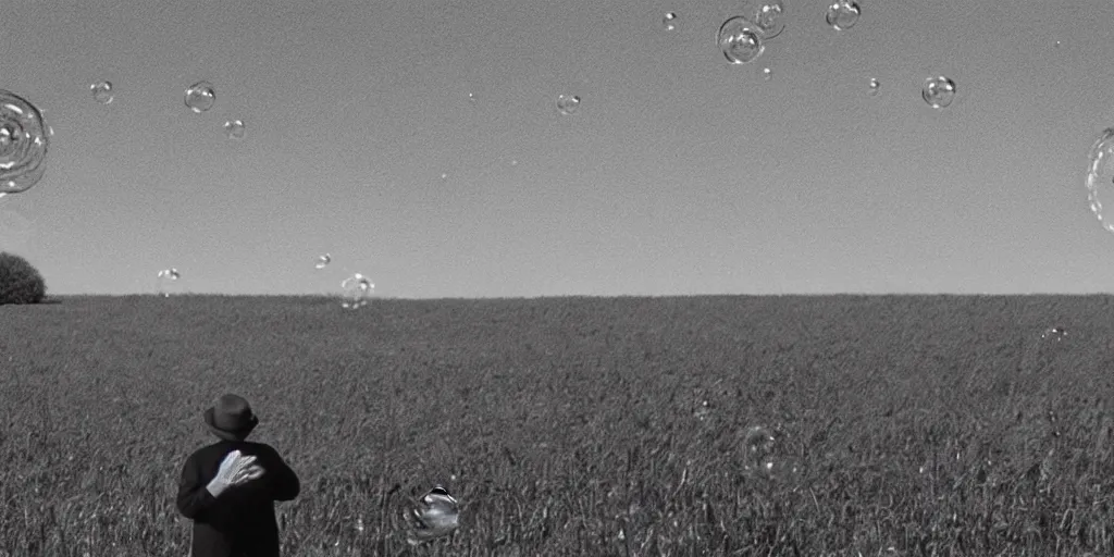 Image similar to an old man in a field looking at multiverse bubbles in the sky, scene from a stanley kubrick movie, in c