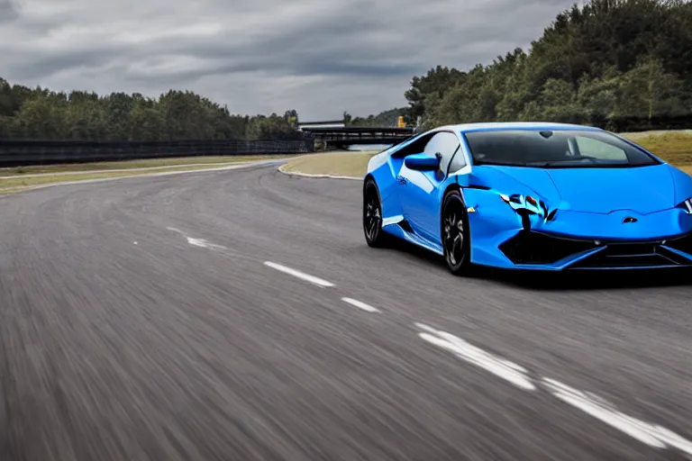 Image similar to a lamborghini huracan racing on a highway in the morning, very detailed, photo realistic, 8 k uhd, car photography
