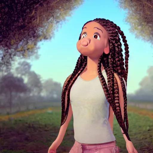 Prompt: real life photo of a beautiful cartoon pig, full body photoshoot, long braided curly brown hair, twisted braids, brown watery eyes, full round face, short smile, serene field setting, cinematic lightning, medium shot, mid-shot, highly detailed, trending on artstation, Unreal Engine 4k, 80mm, 85mm, cinematic wallpaper