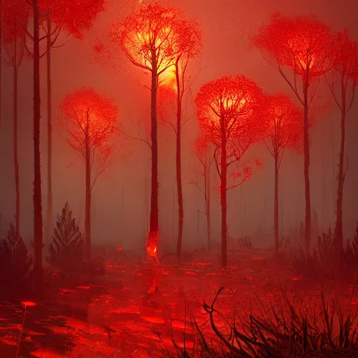 Image similar to A flaming forest , flaming leaves,fire ,Magma,Red stones are scattered, flame red ferns, flame red shrubs, huge flame Fantasy plant,covered in flame red porcelain vine, artstation,by Jakub Rozalski