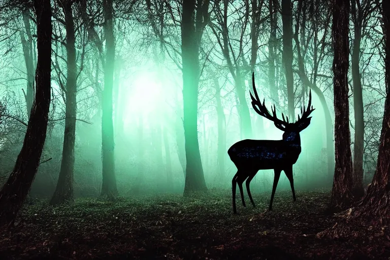 Image similar to a glowing bioluminescent stag illuminates a creepy dark forest, night