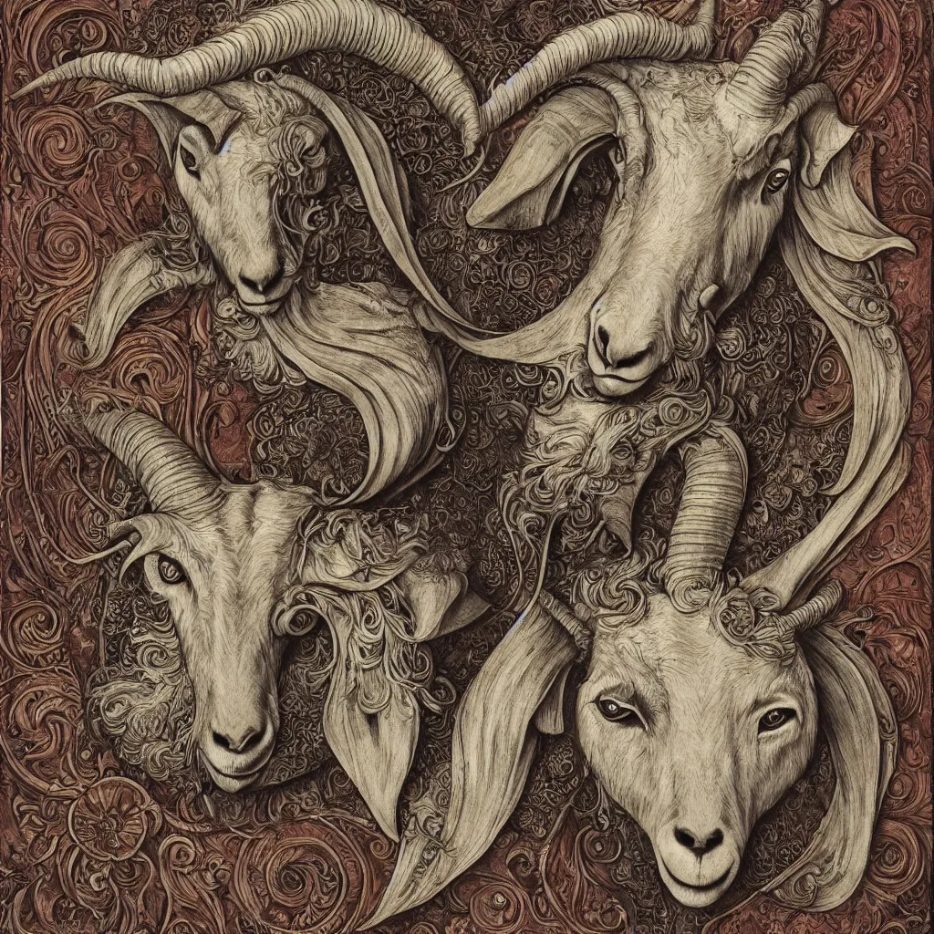 Prompt: beautiful ceremonial bilaterally symmetrical goat mask, fibonacci flow, acroteria, encarpus, shield emblem, large medium and small elements, by russ abbott, albrecht durer, artgerm, rutkowski