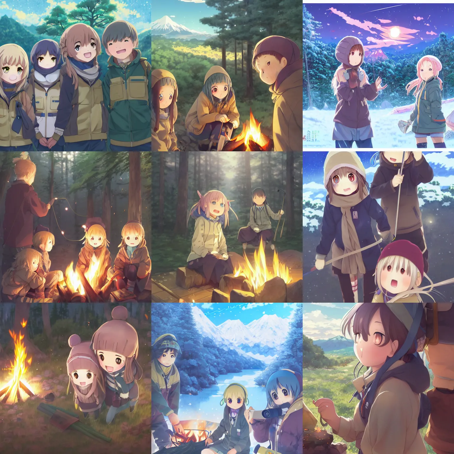 Image similar to anime yuru camp yama no susume cute girls around campfire trending on artstation hyperdetailed shining eyes cute moe detailed faces Unreal Engine 4k 8k ultra HD illustration digital pixiv concept art manga cover by Stanley Artgerm Lau, WLOP, Rossdraws, James Jean, Andrei Riabovitchev, Marc Simonetti, and Sakimichan