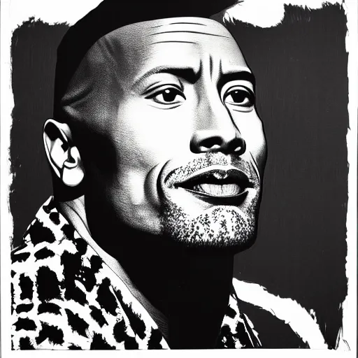 Image similar to a portrait of Dwayne Johnson, made by Andy Warhol, two tone, very high contrast, only black and white, simplistic, extremely high contrast, two tone, notan art, by Andy Warhol, minimalistic,