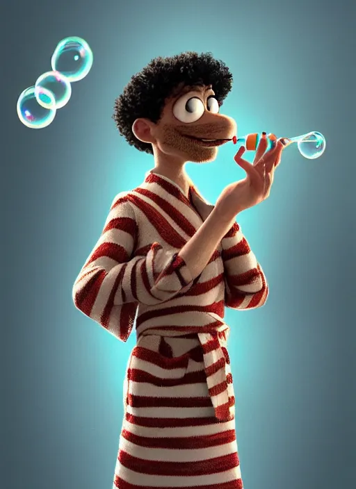 Image similar to an anthropomorphic beautiful male wizard portrait blowing bubbles wearing stripes robe, curly hair, fine art, award winning, intricate, elegant, sharp focus, octane render, hyperrealistic, cinematic lighting, highly detailed, digital painting, 8 k concept art, art by jamie hewlett and z. w. gu, masterpiece, trending on artstation, 8 k