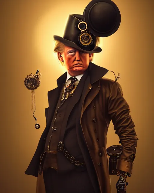 Image similar to steampunk donald trump portrait, handsome, steampunk hat, detective coat, steampunk monocle, complex 3 d render by ilya kuvshinov, peter mohrbacher, greg rutkowski, ryohei hase, dramatic lighting, intricate, highly detailed, sharp focus, luminous, unreal engine, blender, artstation, masterpiece, ray tracing