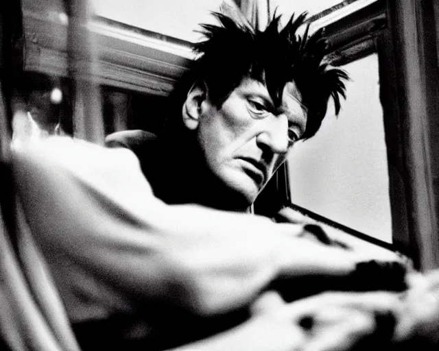 Prompt: a movie still of herman brood in a room watching to a window, perfect faces, fine details, anime, cinestill