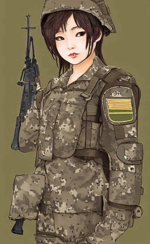 Image similar to girl, by satoru sao, silicone patch design, insignia, soldier clothing, military gear, high detail