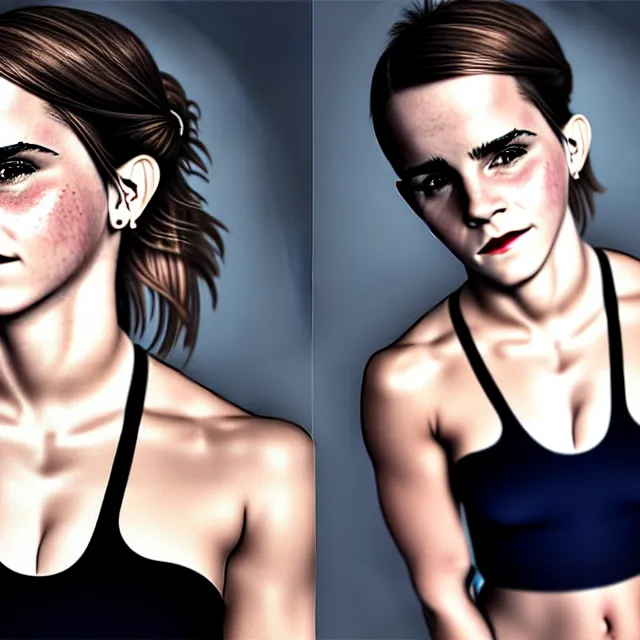 Image similar to emma watson, fit body, highly detailed, 4 k, hdr, smooth, sharp focus, high resolution, award - winning photo, boris valejo, photorealistic