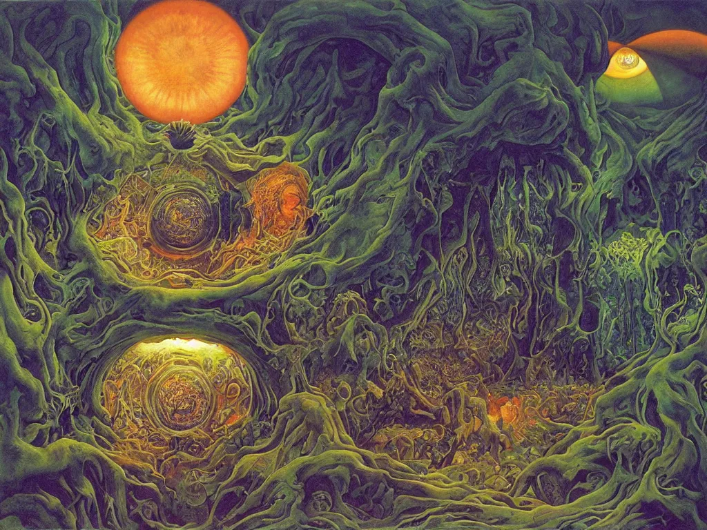 Prompt: The inside of the sun. Mystical, organic, crystal, iridescent, infinite hallways. Eye. Entwined gods. Painting by Roger Dean, Escher, Lucas Cranach