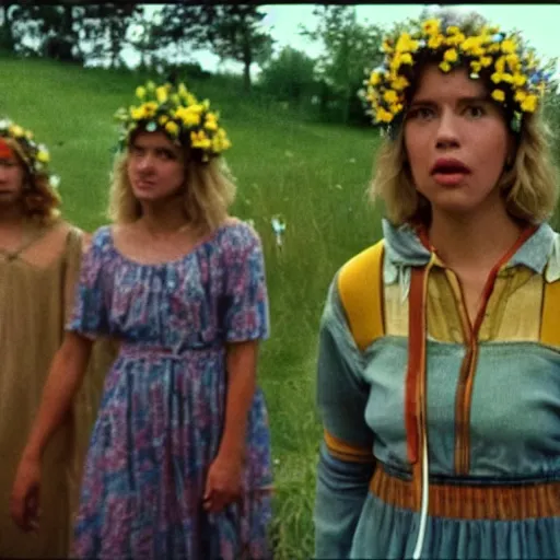 Image similar to vhs 1 9 8 0 s footage of a scene from the movie midsommar directed by ari aster