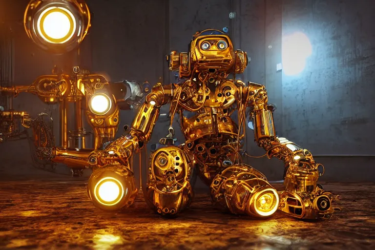 Prompt: a golden and blue metal humanoid steampunk robots wearing and gears and tubes is sitting on the ground, meditation, eyes are glowing red lightbulbs, shiny crisp finish, 3 d render, 8 k, insaneley detailed, fluorescent colors