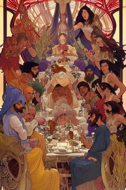 Prompt: the last supper, by artgerm and moebius and alphonse mucha, hyperdetailed, dc comics, explosions in the sky, trending on artstation