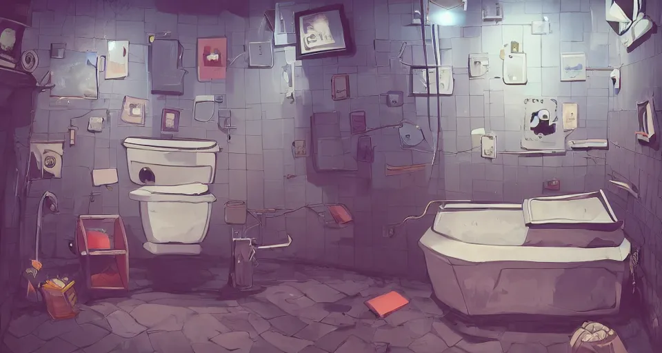 Prompt: A beautiful artwork illustration, a videogame level in a small toilet-themed museum escape room, featured on artstation, wide angle, horizontal orientation