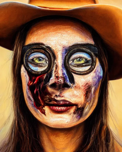 Image similar to oil painting portrait of cowgirl with half of her face burned and one blind eye, high production value, intricate details, high resolution, hdr, high definition, masterpiece, realistic, ultrarealistic, highly detailed, hd, sharp focus, non blurry, sharp, smooth