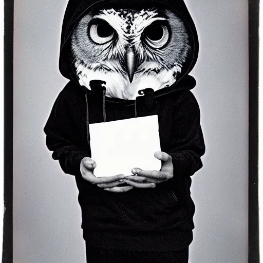 Prompt: surrealistic, anthropomorphic owl in a hoodie, holding polaroid camera, 8 0 s, polaroid photo, by warhol,