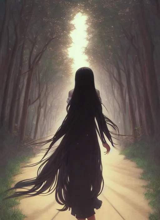 Image similar to pretty young woman with long black hair walking in the darkness, path traced, highly detailed, high quality, digital painting, by studio ghibli and alphonse mucha, leesha hannigan, makoto shinkai, disney