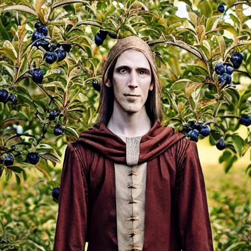 Prompt: realistic portrait of a slender elven man, standing in an apple orchard, dressed in medieval clothes, very handsome, fantasy, dungeons and dragons