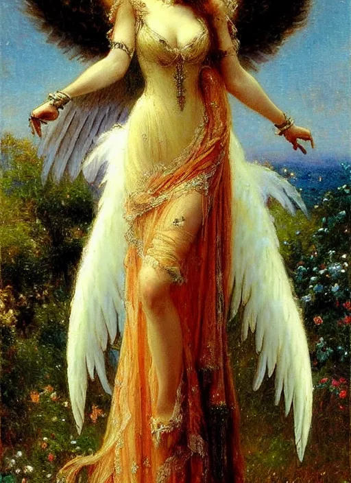 Image similar to vertical prtrait of an angel knight gothic girl, baroque dress. by gaston bussiere