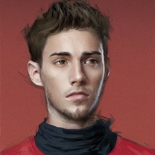 Image similar to Portrait of a man by Greg Rutkowski, he is about 20 years old, copper short hair, his features are a mix between Scottish and Arabian, strong and tall, older brother vibes, he is wearing utilitarian red and black jumpsuit, highly detailed portrait, digital painting, artstation, concept art, smooth, sharp foccus ilustration, Artstation HQ.