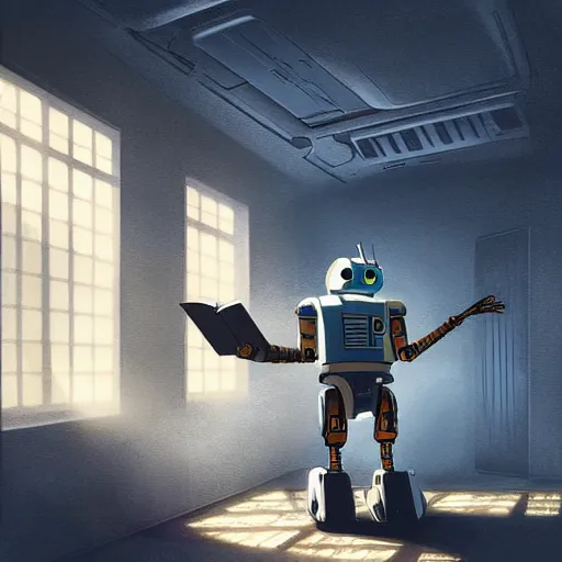 Image similar to digital painting of a droid robot reading a book, concept art, sunlight pouring through window, large scale, high detail, futuristic, godrays, volumetric lighting, warm lighting